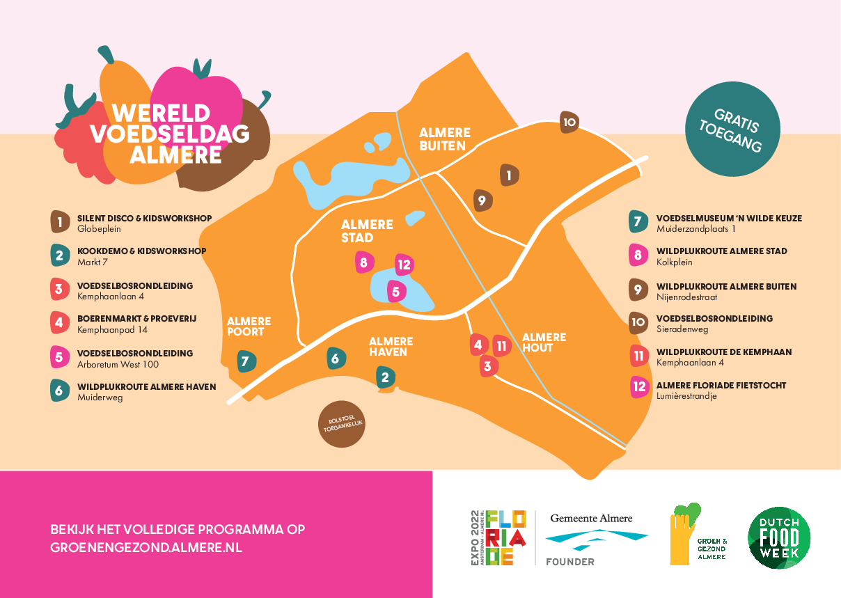 Plattegrond van Almere met de locaties van de verschillende activiteiten op Wereldvoedseldag